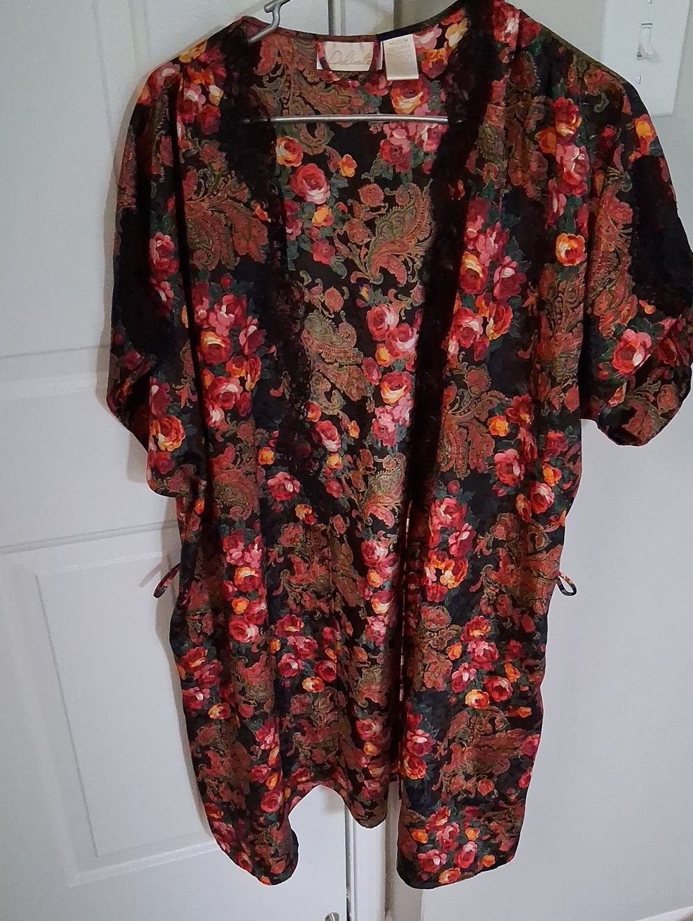 delicates Black Open Kimono with Red Floral Paisley Print